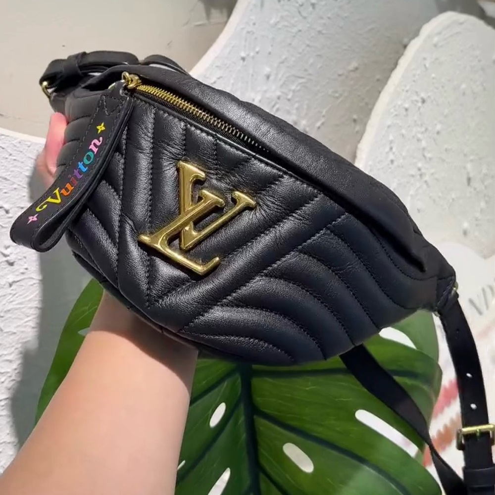 Black Quilted Belt Bag with Gold Logo